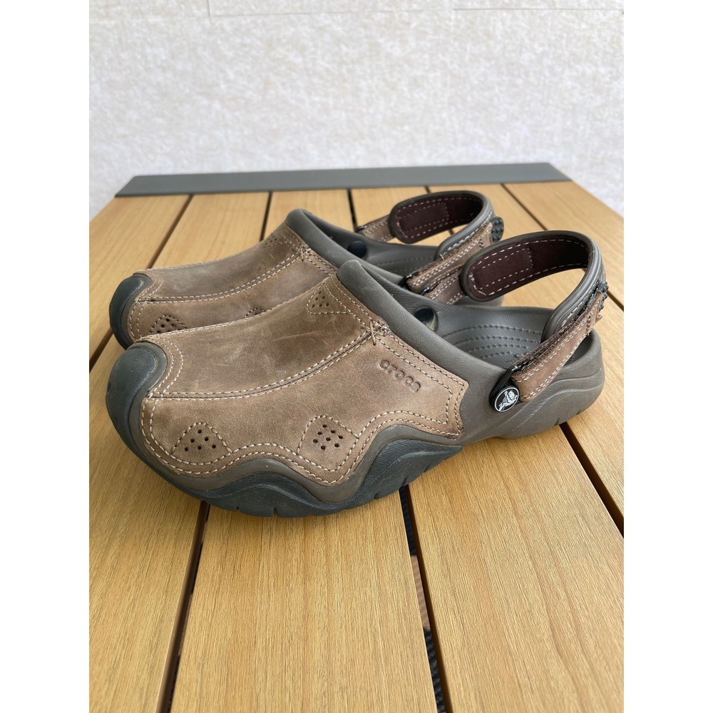 Crocs Yukon Espresso Brown Leather Upper Adjustable Strap Clogs Mens Size 9